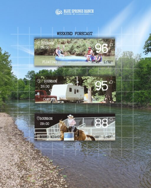 My, oh my! Have you seen this weekend's forecast?? ☀
We have campsites available if you're looking to fill your days with camping, floating, and PLENTY of rodeo fun🤠
Book 2 nights for this BEAUTIFUL rodeo weekend, and your package includes 50% off a 5-mile float September 18 - 20.
Weatherman says you don't want to miss this one😉
