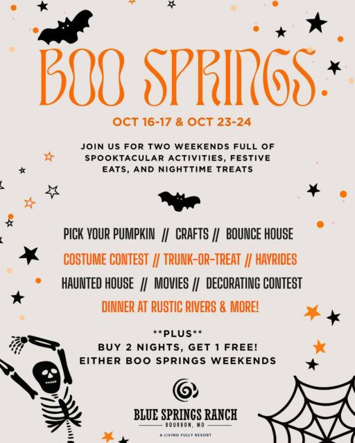 Halloween season is near!🎃
2 weekends of Halloween fun are just around the corner at Boo Springs!👻
*Book 2 nights on either Boo Springs Weekend, and get 1 night FREE
https://vacationbsr.com/events/boo-springs/