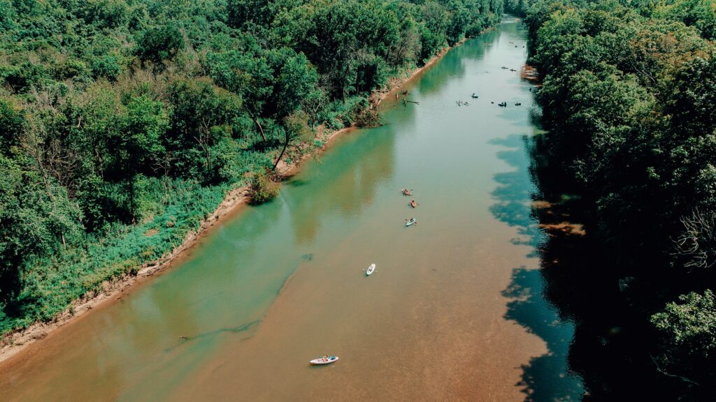 An aerial view of kayakers spread down a wide green reach of the Meramec.