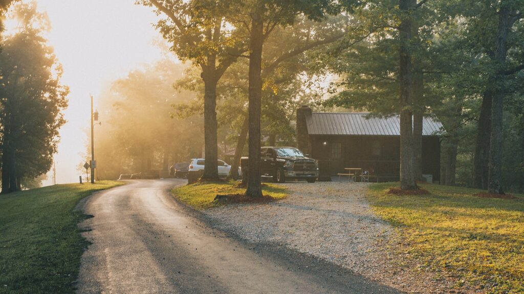 Sunrise breaking through the trees along the gravel ranch road.