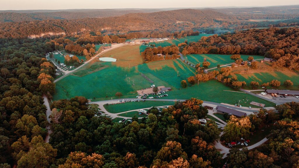 A wide aerial view of the whole property in the Meramec valley.