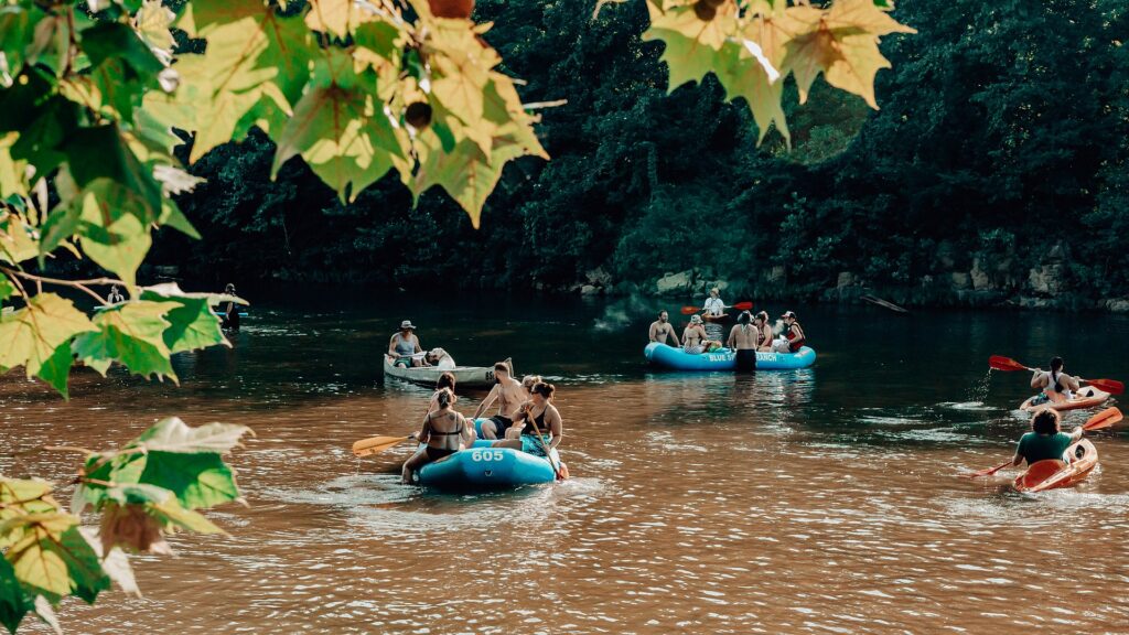 Rafts and kayaks on the river framed by overhanging sycamore leaves.