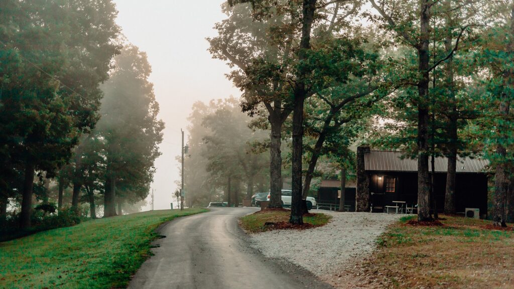 The resort road curving past a cabin in early morning fog.