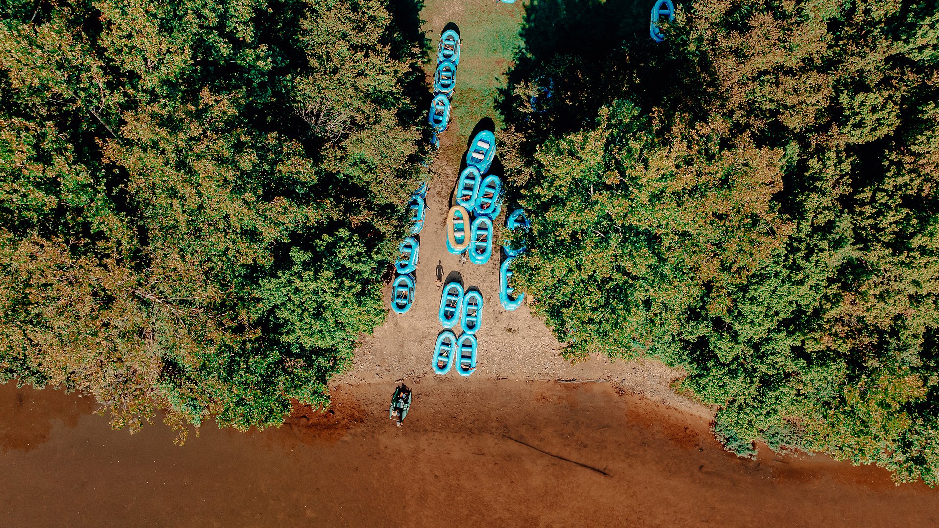 Rows of tubes staged on the grass ramp down to the river, seen from above.