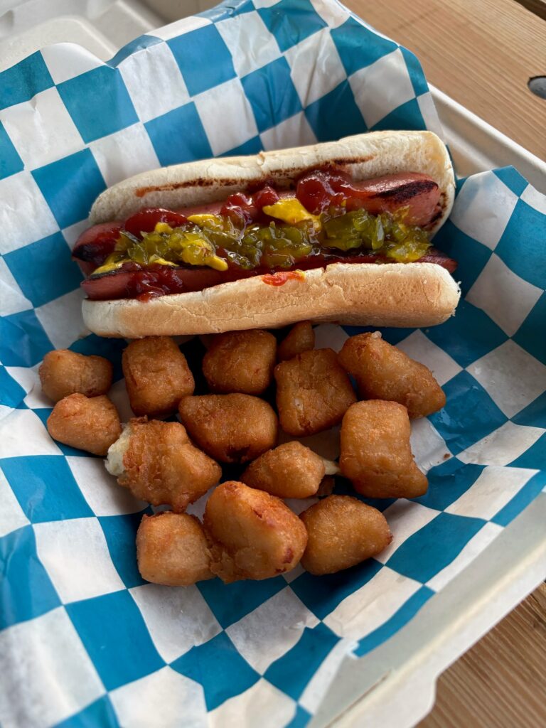 A hot dog with ketchup, mustard and relish beside fried cheese curds.