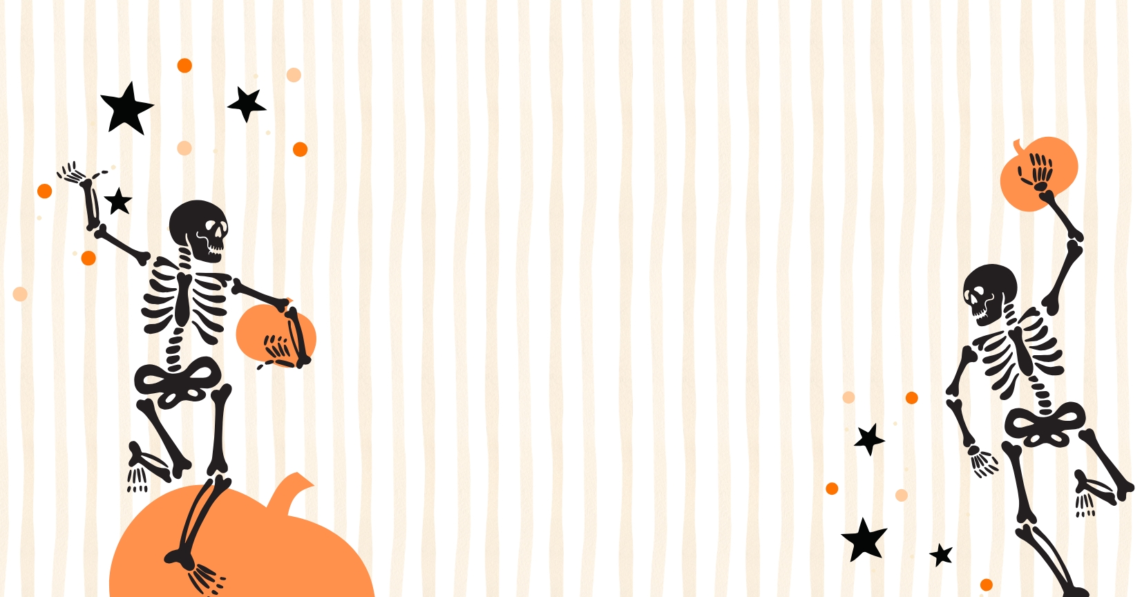Dancing skeletons, pumpkins and stars on pale stripes.