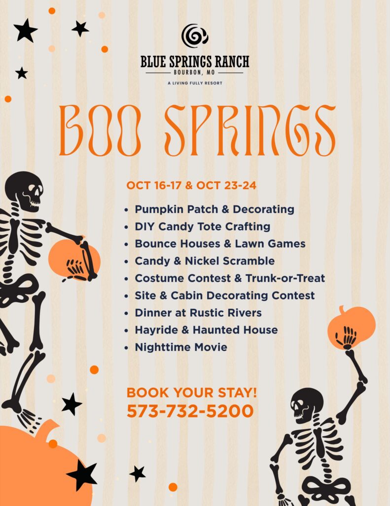 Boo Springs flyer for October 16-17 and 23-24, with dancing skeletons, pumpkins and the weekend’s activities.