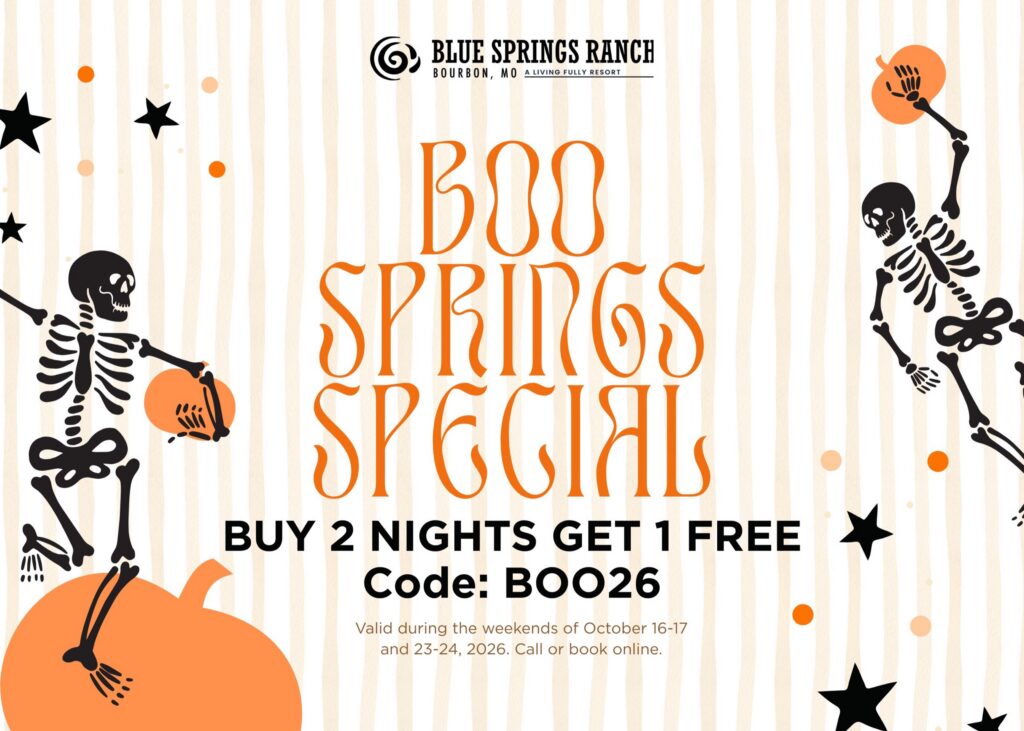 Boo Springs Special flyer: buy 2 nights, get 1 free with code BOO26, the weekends of October 16-17 and 23-24, 2026