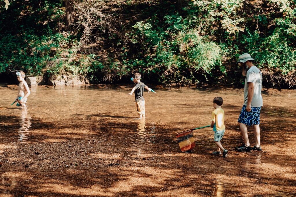 Children with nets and goggles wading in the clear shallows of the Meramec with an adult