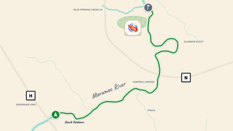 Map of the 10 Mile Float, from Ozark Outdoors down the Meramec to Blue Springs Ranch.