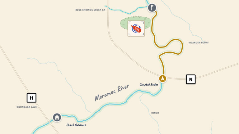 Map of the 5 Mile Float, from Campbell Bridge down the Meramec to Blue Springs Ranch.
