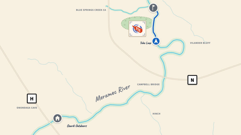 Map of the 1-mile Tube Loop on the Meramec, ending at Blue Springs Ranch where Blue Springs Creek joins the river.